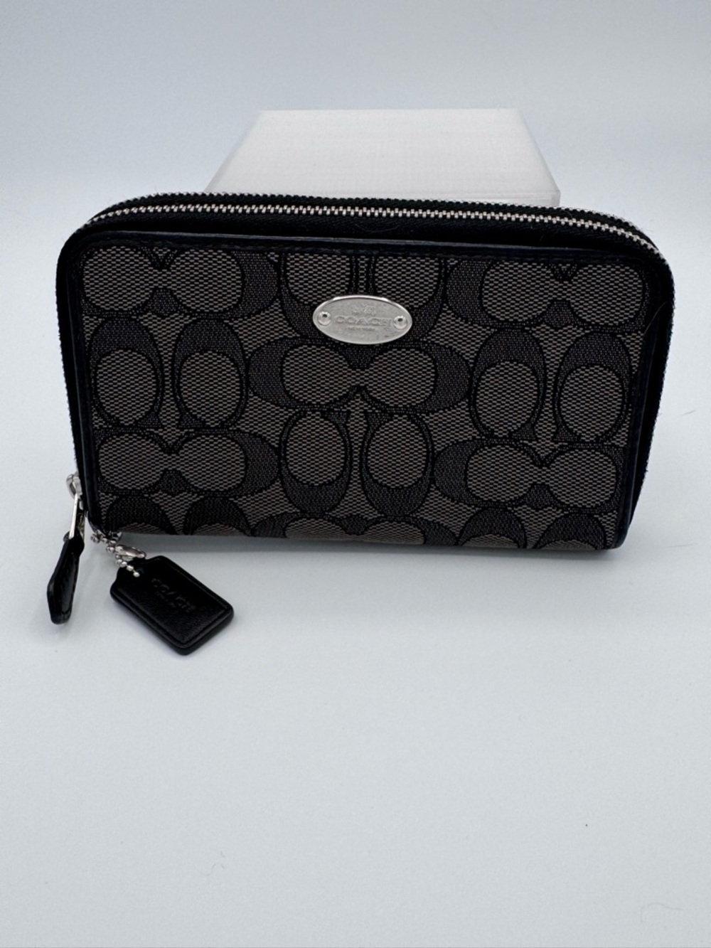 Coach Black and Gray Signature Zip Around Wallet